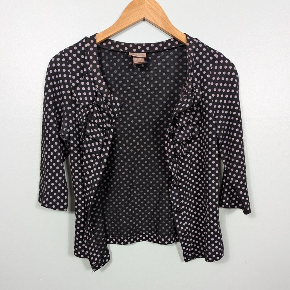 Vintage Polkadot Cardigan Top S Black Ruffle Twee Y2K Retro Glam Secretary 3/4 - Picture 2 of 9